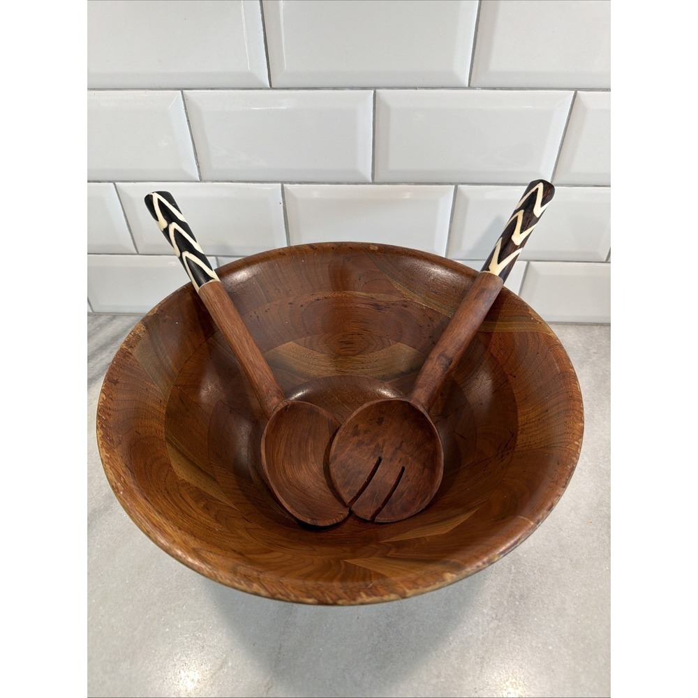 Vintage Large Handcrafted Solid Wooden Bowl with Salad Servers Set